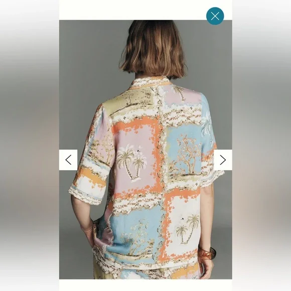 K90. New Anthropologie Tropical Patchwork linen Collared Blouse linen $138 - Picture 3 of 4